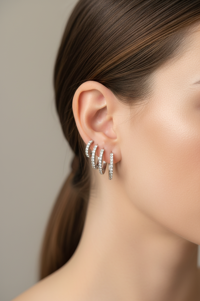 Set 3 Paia Orecchini Cerchietti Argento Pavé